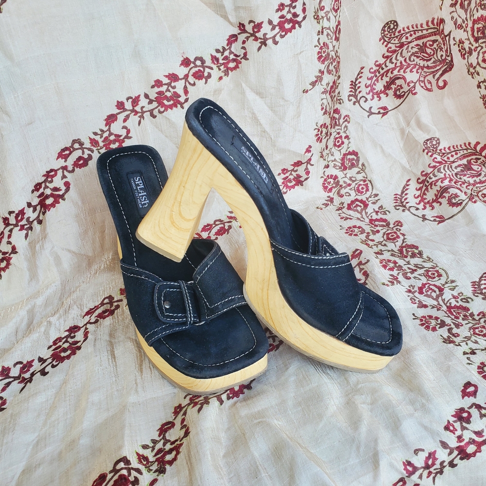 Y2K Splash Wooden Platform Buckle Heels Size 7